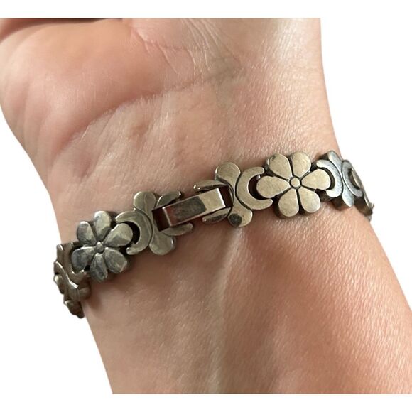 Taxco Mexico Sterling Silver Flower Floral Daisy Chain Link Bracelet Solid Heavy - Picture 4 of 8
